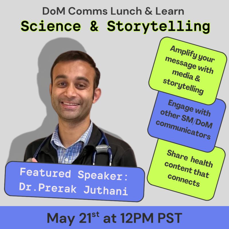 StanfordDeptMed's tweet photo. Mark your calendar! Join us May 21 at noon PT for a Lunch &amp; Learn with @PJuthani, #StanDOM resident &amp; YouTube science communicator.

Learn how storytelling can elevate your science communication!

https://t.co/f8x59OQDc3 https://t.co/wjF7WqwHS8