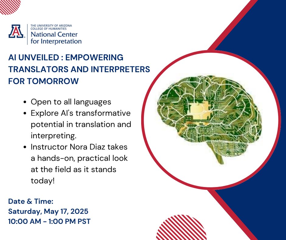 Join Nora Diaz for the AI Unveiled : Empowering Translators and Interpreters for Tomorrow webinar. 
Register today and for more information, go to: events.trellis.arizona.edu/en/f44lNu67/ai…
