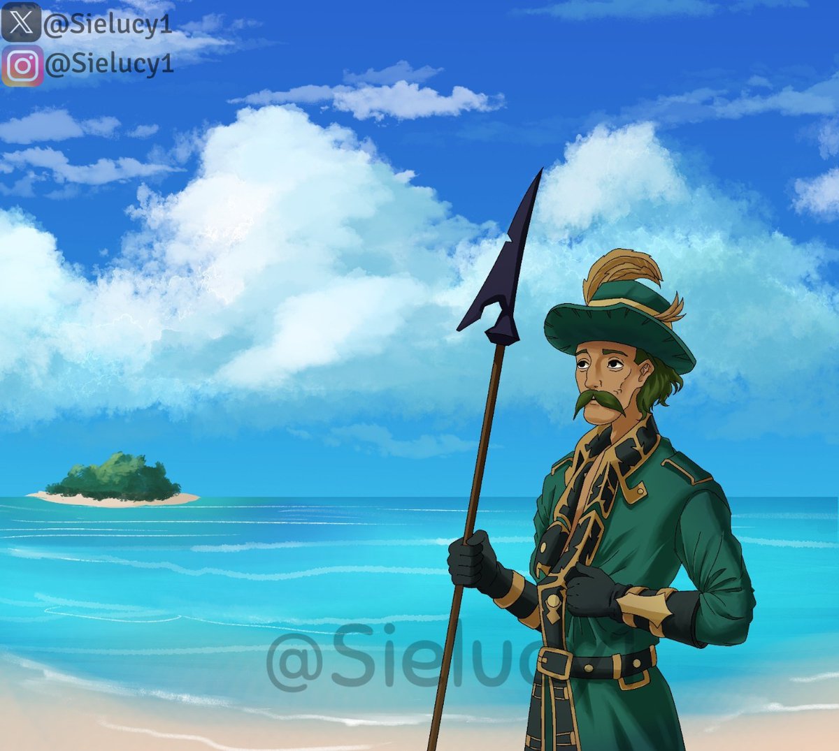sielucy1's tweet photo. A noble guard watching the shores 🌊🛡️ Had a great time illustrating this island sentinel for my client over discord, his presence is calm, yet commanding.

#BeachGuard #characterdesign  #digitalart  #FantasyCommission #illustration #artmoots #artshare #arttwt https://t.co/OF0E4Yw44g