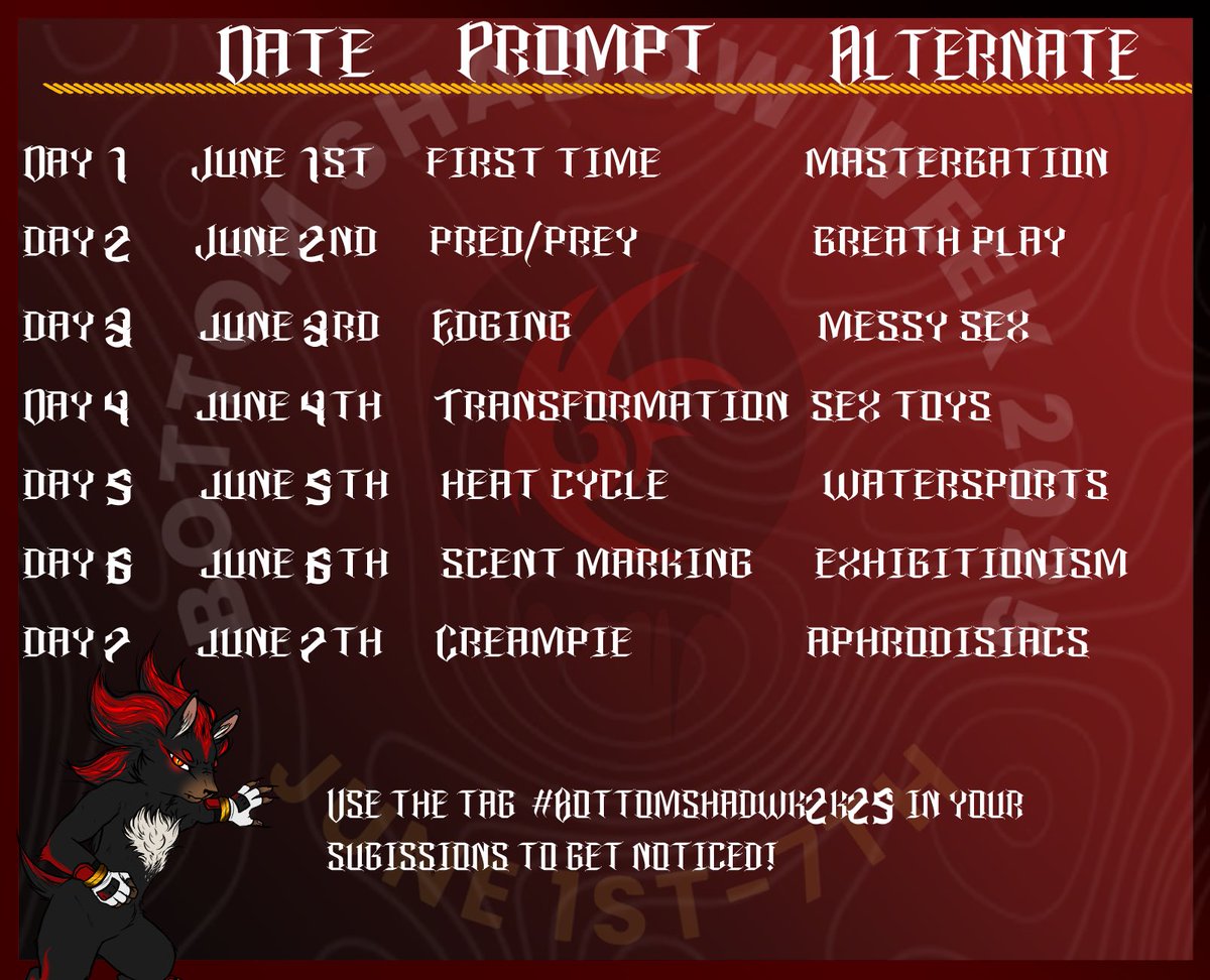 bttmshadwk2k26's tweet image. ❤️🖤Welcome to Bottom Shadow Week 2025!🖤❤️

This drawing event will be taking place during June 1st through June 7th 2025, and celebrates any and all things bottom Shadow! 

These prompts contain 18+ NSFW content!

Use the tag #bottomshadwk2k25 to be noticed and retweeted here!