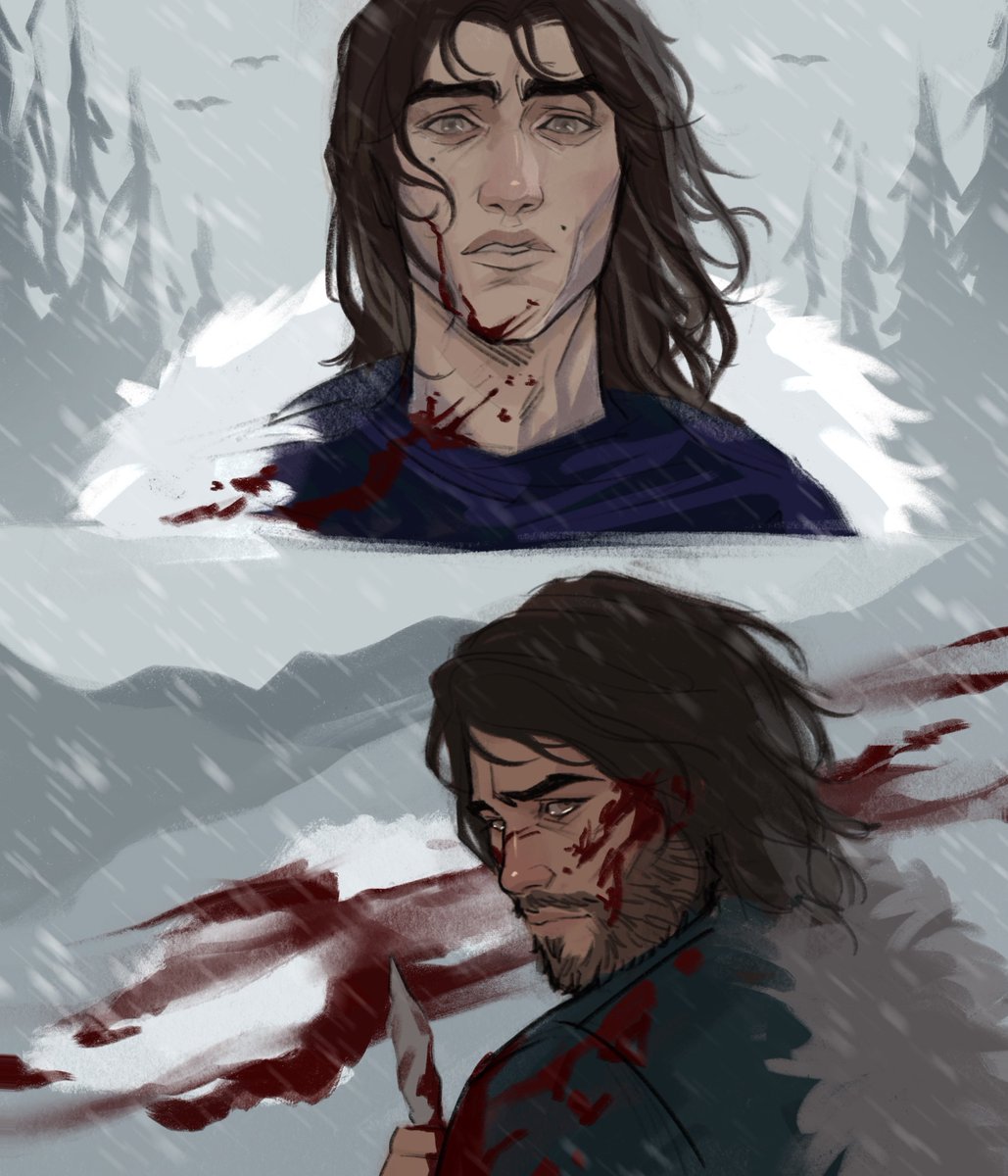 ariscopus's tweet photo. “The blade plunged again and again until the animal was little more than a crimson smear on the hill.”

aka i have a morbid fascination with this scene from ‘the line is covered in jellyfish’ so i had to draw it 🐺 #jayvik https://t.co/IHLGsbasYY