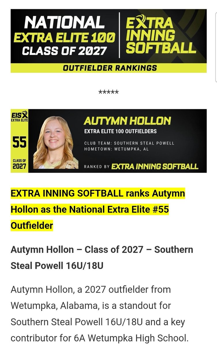 AutymnHollon_2027 (@autymnhollon33) on Twitter photo Thank you so much <a href="/ExtraInningSB/">EXTRA INNING SOFTBALL</a> for ranking me amongst the talented 2027 class in the Extra Elite 100. I'm so blessed and thankful for this recognition.
<a href="/Steal_Powell/">Southern Steal - Powell</a> <a href="/WetumpkaSoftba1/">Wetumpka_Softball</a> <a href="/lbpowell12/">Brooke Powell</a> <a href="/BSherSB/">Barb Sherwood</a> <a href="/DHScoachjones_/">Justin Jones</a> Thank you so much <a href="/ExtraInningSB/">EXTRA INNING SOFTBALL</a> for ranking me amongst the talented 2027 class in the Extra Elite 100. I'm so blessed and thankful for this recognition.
<a href="/Steal_Powell/">Southern Steal - Powell</a> <a href="/WetumpkaSoftba1/">Wetumpka_Softball</a> <a href="/lbpowell12/">Brooke Powell</a> <a href="/BSherSB/">Barb Sherwood</a> <a href="/DHScoachjones_/">Justin Jones</a>