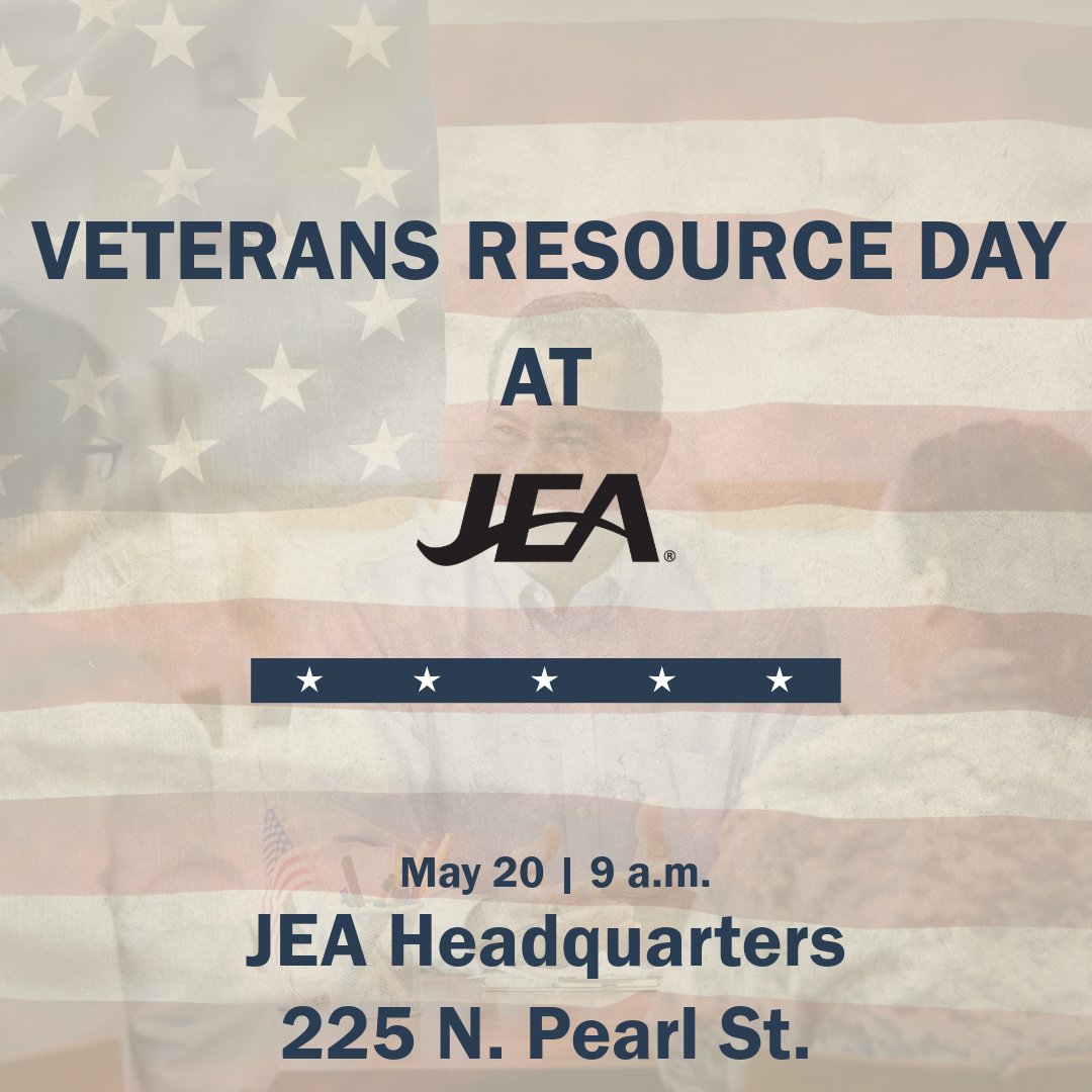 Know a veteran or an active-duty service member who needs help with basic needs, including utility bill assistance?

Invite them to the inaugural Veterans Resource Day at JEA event on May 20.

Find event details: jea.fyi/44Xkf9V