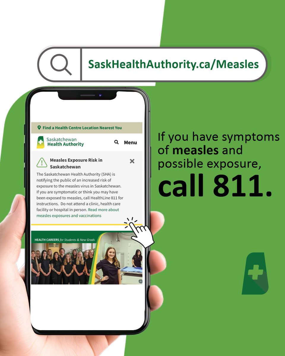 ❗️Measles exposure risk - multiple locations❗️

See full list of locations &amp; list of symptoms: saskhealthauthority.ca/measles

Measles is highly contagious. It can spread very easily thru the air. If you were at a location in exposure alert, monitor for symptoms 21 days after exposure.