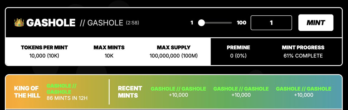 MintAlkanes.com (@mintalkanes) on Twitter photo Today's most minted #Alkanes token is GASHOLE
Each time you mint between now and Friday at 12:00 UTC, you're entered to win a <a href="/spiritals_btc/">Spiritals</a> whitelist spot!
We have 100 spots to give away, and so far less than 100 entries 👻 Today's most minted #Alkanes token is GASHOLE
Each time you mint between now and Friday at 12:00 UTC, you're entered to win a <a href="/spiritals_btc/">Spiritals</a> whitelist spot!
We have 100 spots to give away, and so far less than 100 entries 👻