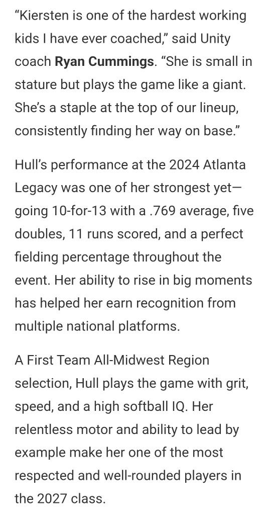 KIERSTEN HULL #2 SS/3rd/Utility/π§‘π (@12_kiersten) on Twitter photo I am blessed To be named Top π― Extra Elite INFIELDER in the Nation I will continue to
work hard, improve, trusting God in the process. Hopefully continuing this journey into College!! Also wanted to thank the College Coaches who have invited me to Camps! Thank you <a href="/ExtraInningSB/">EXTRA INNING SOFTBALL</a> I am blessed To be named Top π― Extra Elite INFIELDER in the Nation I will continue to
work hard, improve, trusting God in the process. Hopefully continuing this journey into College!! Also wanted to thank the College Coaches who have invited me to Camps! Thank you <a href="/ExtraInningSB/">EXTRA INNING SOFTBALL</a>