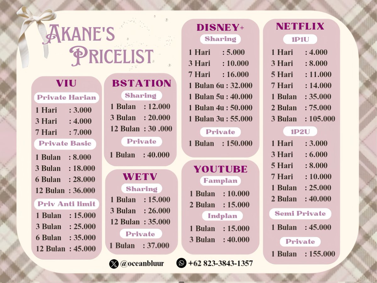 hai teman-timun🧑🍉 akane ready wts wtb apps premium netflix wetv viu youtube bstation disney+ bergaransi nich .. 🎀

🛒 : wa.me/6282338431357
📮 : tiny.cc/akaneproofs
#zonauang tujuh belass