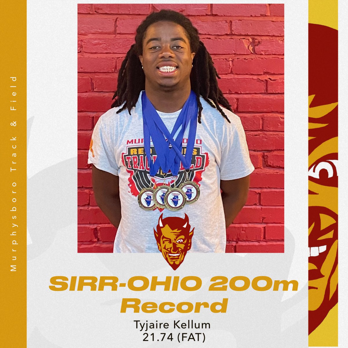 Congratulations Tyjaire Kellum on breaking the SIRR-Ohio Conference 200m Dash Record. It was previously held by Brad Brachear (2001)of Harriaburg and Detrick Rogers (1996) of Murphysboro!