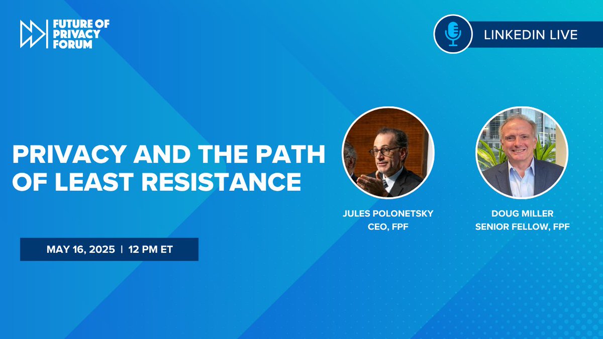 Future of Privacy Forum (@futureofprivacy) on Twitter photo Join us for three upcoming #LinkedinLives!
💡5/16: Privacy & the Path of Least Resistance
🌏 5/22: Consent, Personal Data and AI: Key Updates Across APAC
🤖 5/23: A discussion with <a href="/PrincetonCITP/">Princeton Center for Information Technology Policy</a> Director <a href="/random_walker/">Arvind Narayanan</a>
Sign up for this week’s below.
linkedin.com/events/7327805… Join us for three upcoming #LinkedinLives!
💡5/16: Privacy & the Path of Least Resistance
🌏 5/22: Consent, Personal Data and AI: Key Updates Across APAC
🤖 5/23: A discussion with <a href="/PrincetonCITP/">Princeton Center for Information Technology Policy</a> Director <a href="/random_walker/">Arvind Narayanan</a>
Sign up for this week’s below.
linkedin.com/events/7327805…