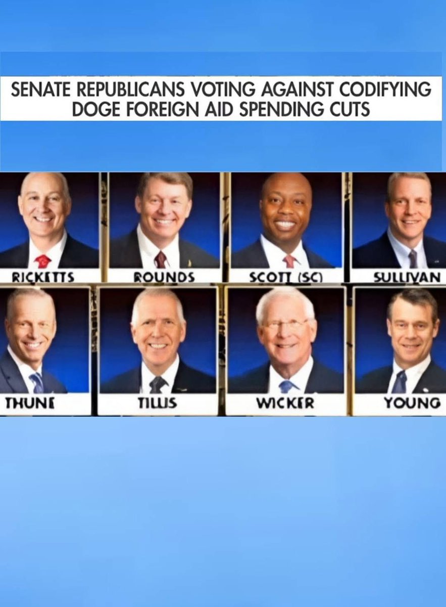 BarronTNews_'s tweet image. SAY HELLO TO ALL THE SENATE REPUBLICANS VOTING AGAINST CODIFYING DOGE FOREIGN AID AND SPENDING CUTS.