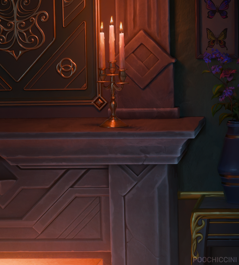 poochiccini's tweet image. Some details from the finished background for the caitvi animation, tried making the setting nice and cozy 🕯️🌹 #arcane