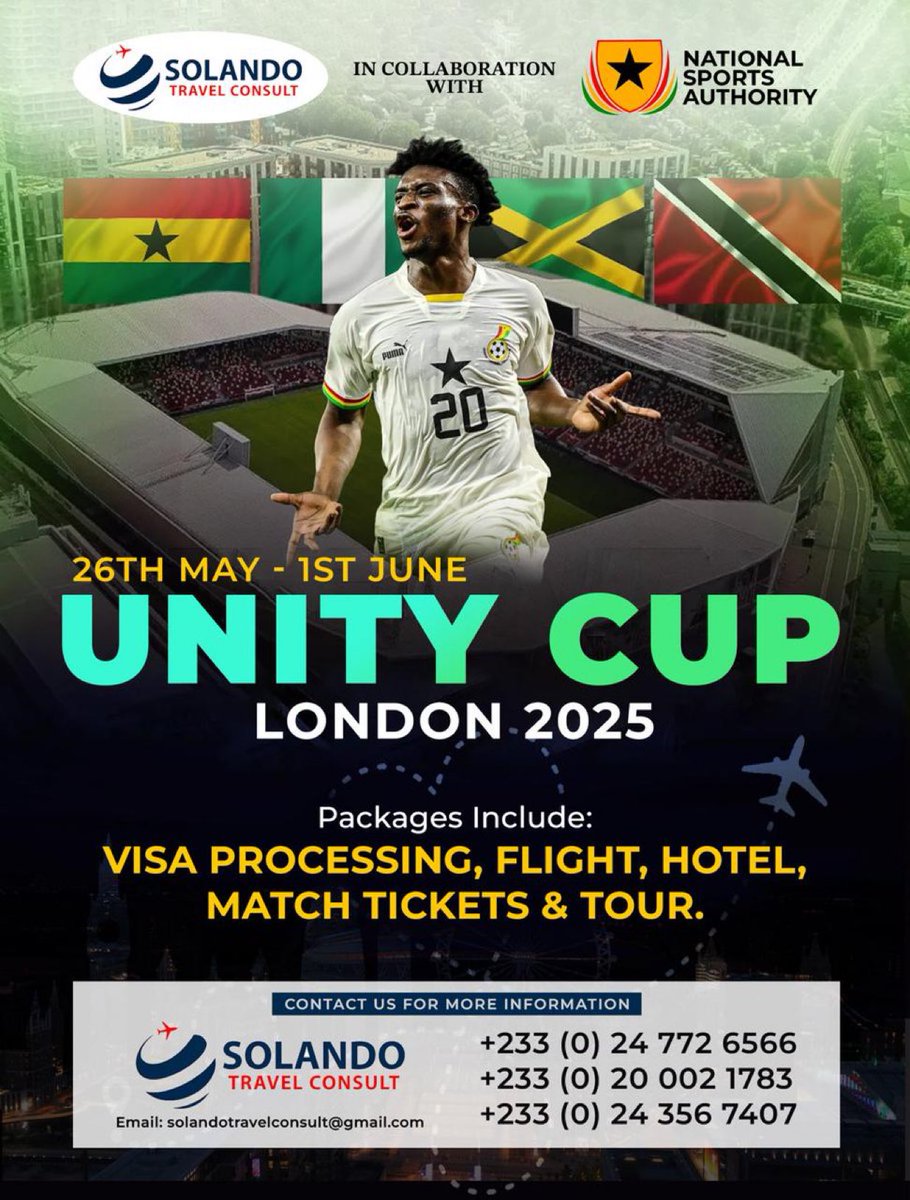 If you want to be in London for Unity Cup, this collaboration with NSA has made it easy

UNITY CUP LONDON 2025 PACKAGE 

Full package includes:
- Flight
- Accommodation
- ⁠Transportation 
- Visa Processing
- Tour
- Match tickets

Don't miss out, Limited slots available!