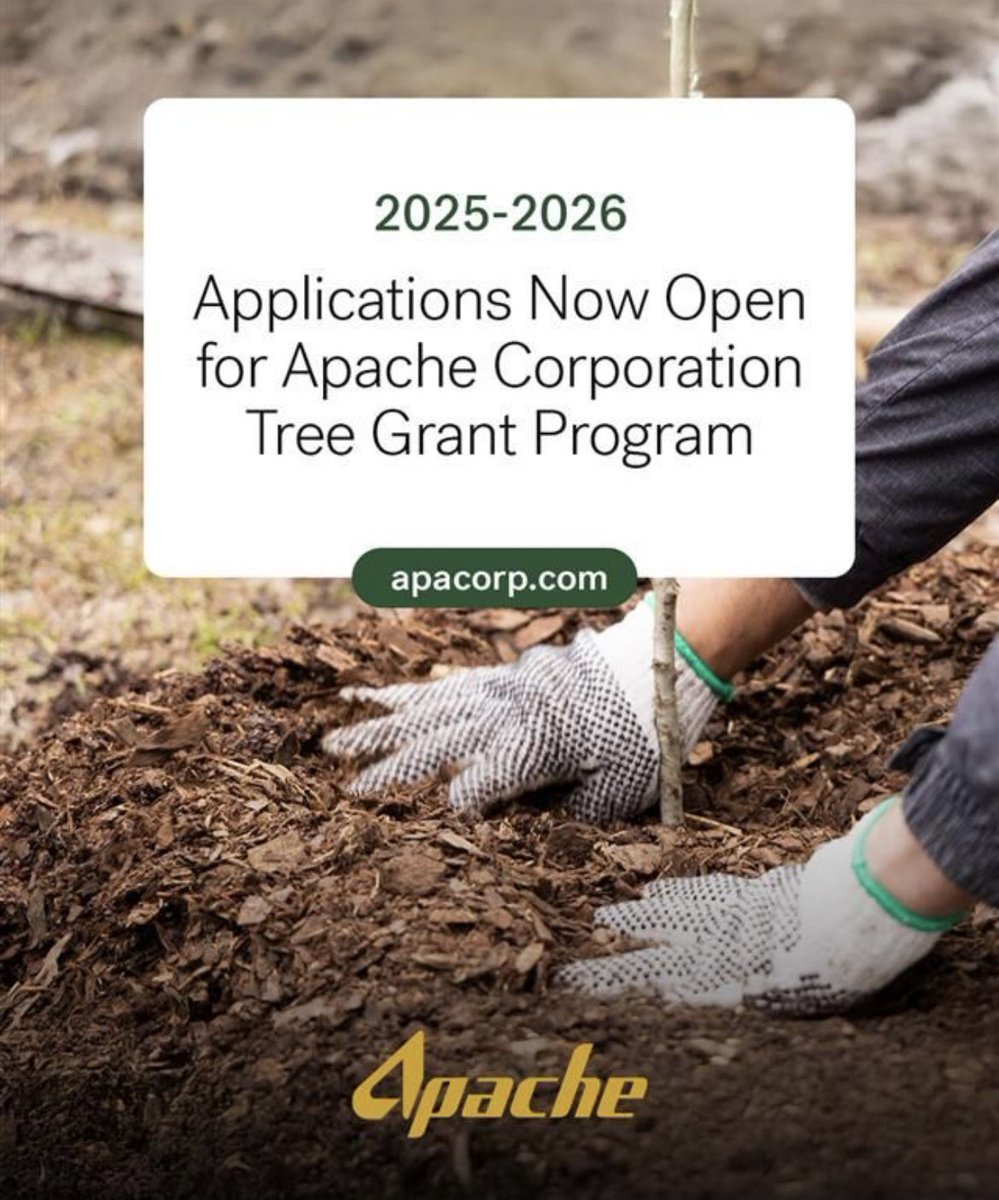 Applications are now open for the Apache Corporation Tree Grant Program in the United States for the 2025-2026 planting season.

To learn more about the award-winning program and to submit an application before the July 13 deadline, visit our website.
#ApacheLovesTrees