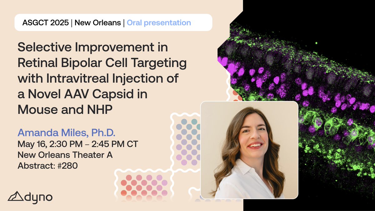 Dyno_Tx's tweet image. Don’t miss tomorrow’s #ASGCT25 presentation on Dyno’s newest ocular capsid, Dyno-4z2: an AI-designed AAV capsid with highly efficient delivery to the retina through intravitreal injection, with field-leading targeting of bipolar cells in the inner nuclear layer.
►Presenter:…
