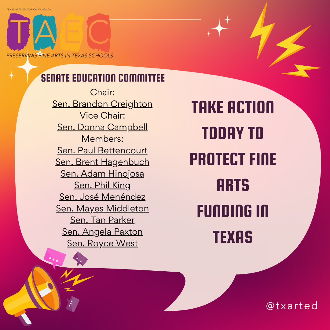 URGENT CALL TO ACTION - TODAY!!!! Contact your Senator and ask them to keep the Fine Arts Allotment on HB2. It's being discussed TOMORROW!! Members, check your email for tips on contacting your Senator!