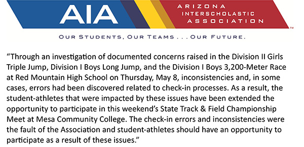 Statement from the AIA regarding issues from last weekend's Divisional Track &amp; Field Championships and student-athlete participation for this weekend's State Championship. #azpreps365