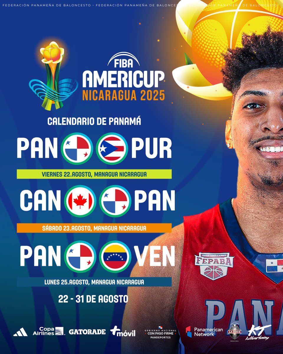 fepabapma (@fepabapma) on Twitter photo Panamá en el Grupo B de la <a href="/AmeriCup/">FIBA AmeriCup</a> 2025
📅 Calendario de Panamá: (horarios por definir):
✅ Viernes 22 de agosto 🇵🇦 🆚 🇵🇷 Puerto Rico - 1:10Pm
✅ Sábado 23 de agosto 🇨🇦 🆚 🇵🇦 Canadá - 9:10Pm
✅ Lunes 25 de agosto 🇵🇦 🆚 🇻🇪 Venezuela - 1:10Pm
¡Vamos, Panamá! 🫡🏀🇵🇦🔐 Panamá en el Grupo B de la <a href="/AmeriCup/">FIBA AmeriCup</a> 2025
📅 Calendario de Panamá: (horarios por definir):
✅ Viernes 22 de agosto 🇵🇦 🆚 🇵🇷 Puerto Rico - 1:10Pm
✅ Sábado 23 de agosto 🇨🇦 🆚 🇵🇦 Canadá - 9:10Pm
✅ Lunes 25 de agosto 🇵🇦 🆚 🇻🇪 Venezuela - 1:10Pm
¡Vamos, Panamá! 🫡🏀🇵🇦🔐