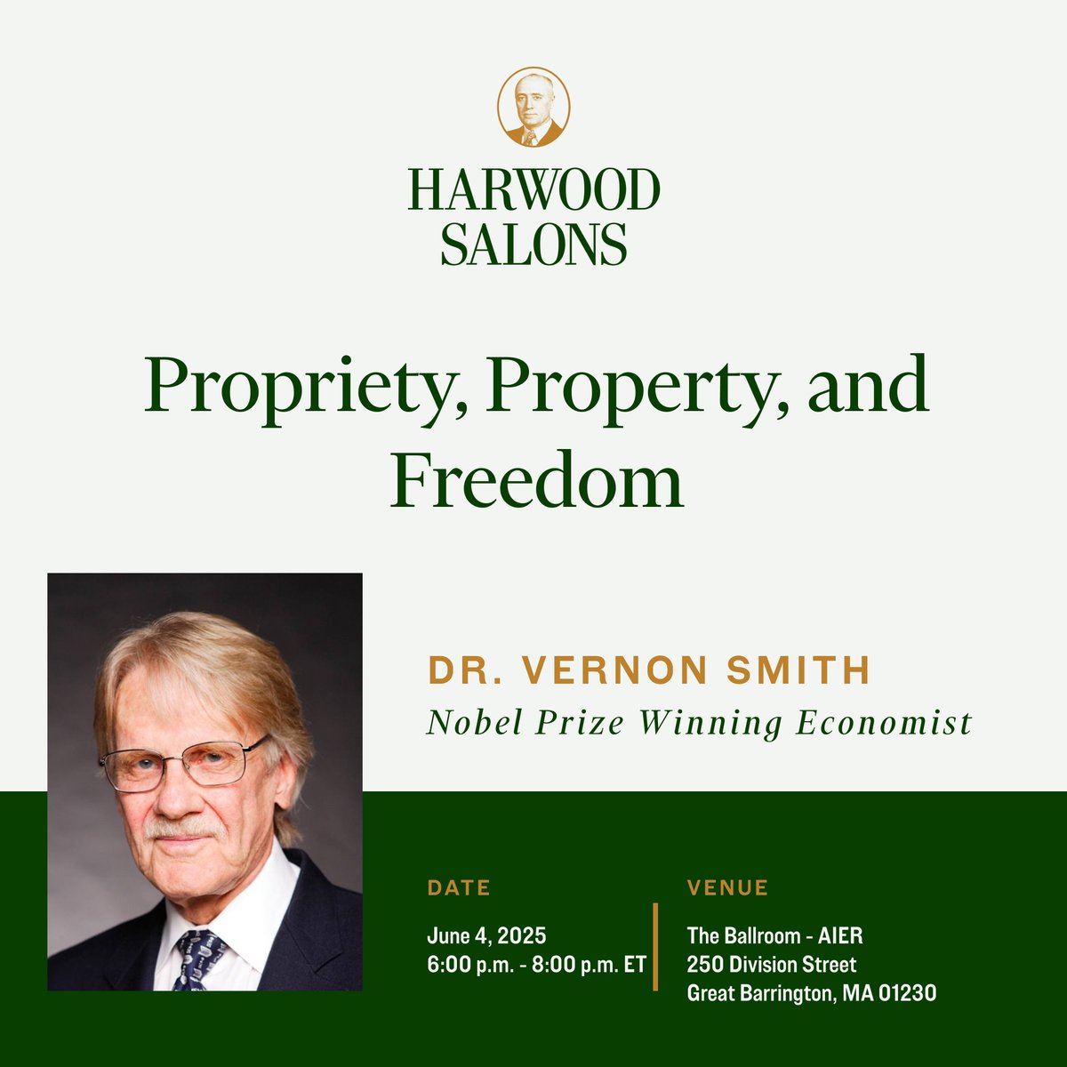 harwoodsalons's tweet image. We're just three weeks away from our Salon featuring Nobel Prize winning economist Dr. Vernon Smith. Come enjoy delicious food (on us), great conversations, and an excellent talk on propriety, property, and freedom.
RSVP here: aier.org/event/propriet…