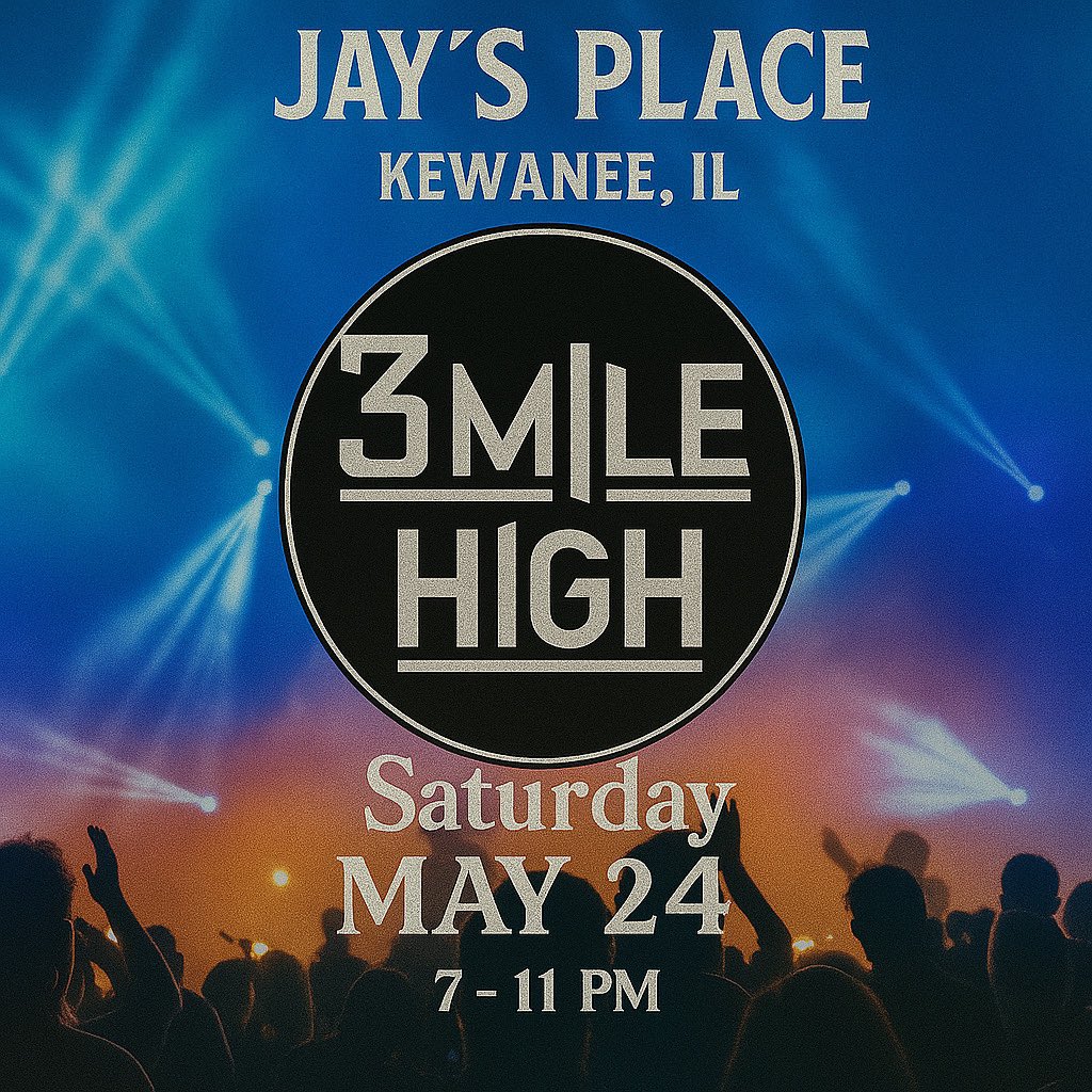 3MileHigh3MH's tweet photo. Kewanee!! We’re coming for you 🤘🏼 Catch us live at Jay’s Place   on Saturday, May 24th from 7–11 PM. Cold drinks🍻, loud tunes🎵, and a killer night guaranteed. Let’s pack the place and kick off Memorial Day weekend right! 
🎶🎸🎙️🥁🎹🎸🎶 https://t.co/z3HuFgbtPu