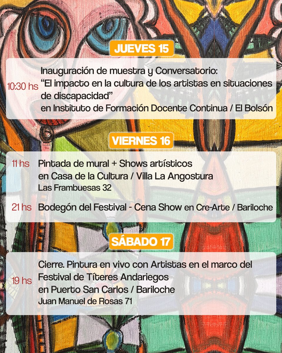 British Council Argentina (@arbritish) on Twitter photo Llega el festival Arte x igual.
El festival llega a las ciudades de Bariloche, Villa La Angostura y El Bolsón del 12 al 17 de Mayo.
Gracias a Cultura Circular, asistirán representantes de la organización británica <a href="/outsidein_uk/">Outside In</a>
Conocé más: ow.ly/h7nM50VSV1W Llega el festival Arte x igual.
El festival llega a las ciudades de Bariloche, Villa La Angostura y El Bolsón del 12 al 17 de Mayo.
Gracias a Cultura Circular, asistirán representantes de la organización británica <a href="/outsidein_uk/">Outside In</a>
Conocé más: ow.ly/h7nM50VSV1W