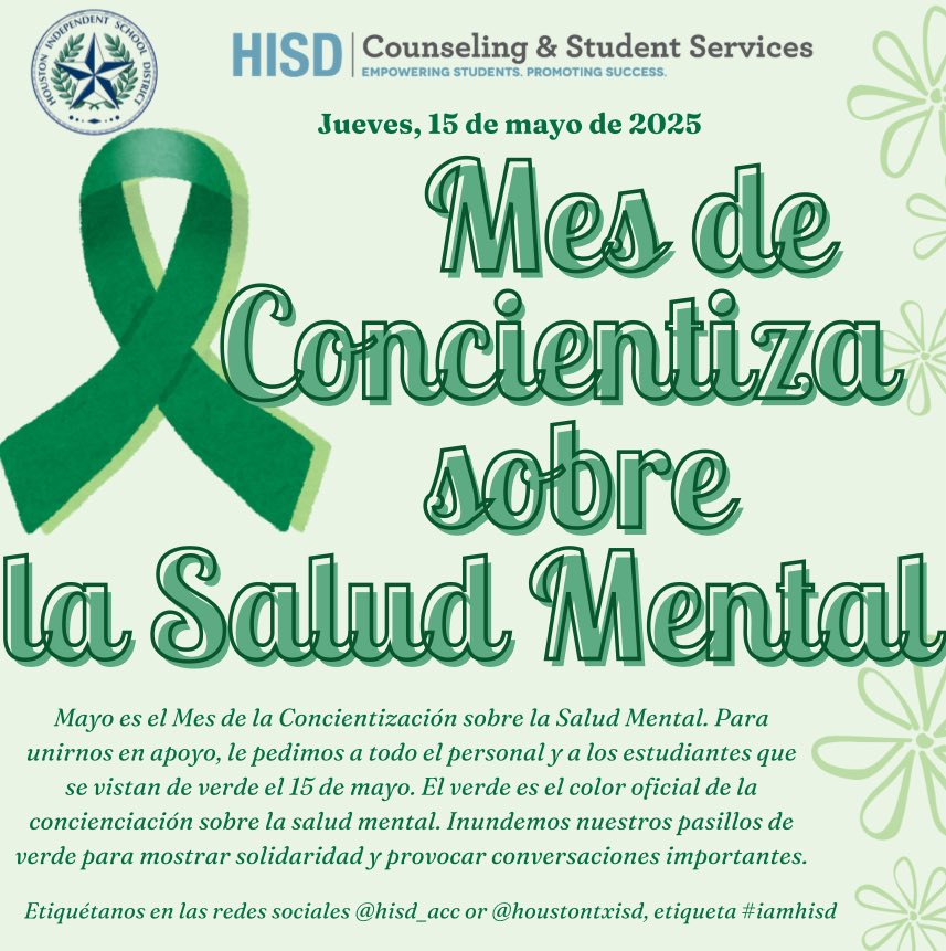 Sabrina Q. Reyes, M.Ed (@counselorreyes) on Twitter photo May is mental health awareness month and in HISD we are wearing green tomorrow, May 15! <a href="/HoustonISD/">Houston ISD</a> <a href="/lantrip_hisd/">Lantrip Elementary</a> May is mental health awareness month and in HISD we are wearing green tomorrow, May 15! <a href="/HoustonISD/">Houston ISD</a> <a href="/lantrip_hisd/">Lantrip Elementary</a>