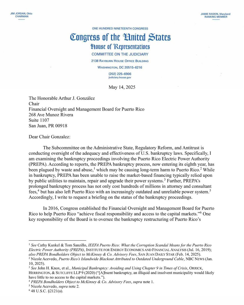 RepFitzgerald's tweet photo. 🚨The Puerto Rico Electric Power Authority (PREPA) has wasted hundreds of millions of dollars enriching consultants and lawyers, while millions of Puerto Ricans suffer under blackouts. The Oversight Board must pay the utility’s creditors as ordered by federal court so that it can regain access to the necessary funding to restore reliable power to the island. That is why I requested a briefing on the board’s handling of PREPA’s bankruptcy.⬇️