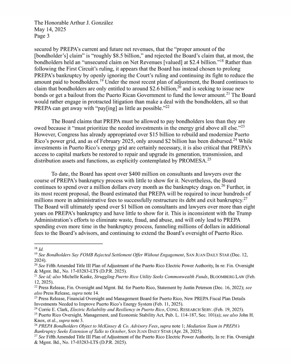 RepFitzgerald's tweet photo. 🚨The Puerto Rico Electric Power Authority (PREPA) has wasted hundreds of millions of dollars enriching consultants and lawyers, while millions of Puerto Ricans suffer under blackouts. The Oversight Board must pay the utility’s creditors as ordered by federal court so that it can regain access to the necessary funding to restore reliable power to the island. That is why I requested a briefing on the board’s handling of PREPA’s bankruptcy.⬇️