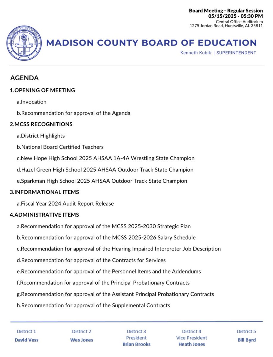 Please see the agenda for the Thursday, May 15, 2025, Regular Session meeting of the Madison County Board of Education.

This meeting will also be streamed live on the MCSS YouTube channel. #MCSSDistrict4