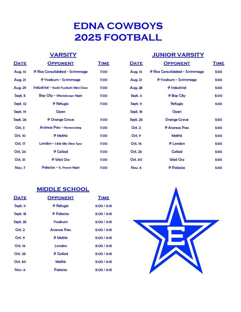 The 2025 Edna Cowboys Football Schedule is here! 🏈
Scrimmages start Aug 14—get ready, Cowboy Nation! 💙
Mark your calendars &amp; bring the noise this season!