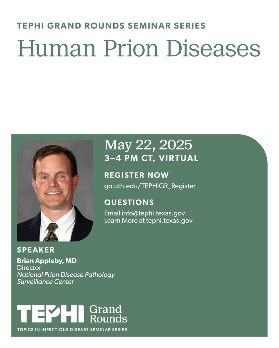 Don't miss out on our upcoming TEPHI Grand Rounds webinar! Dr. Brian Appleby will unravel prion diseases, their clinical traits, causes, and spread. Learn about the crucial role of prion disease surveillance in the U.S. Register now: go.uth.edu/TEPHIGR_Regist…