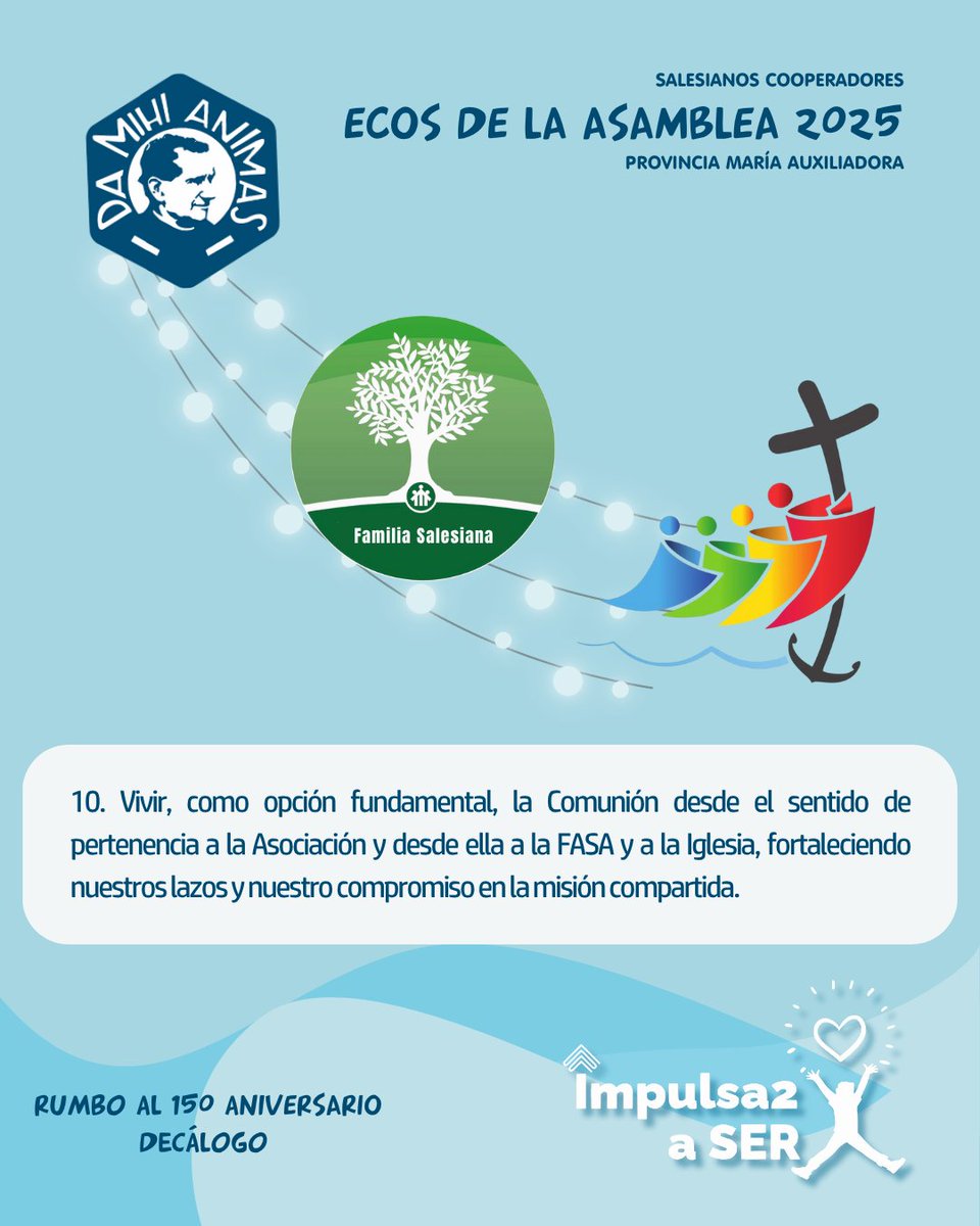 📅 Día 10 – Decálogo del Salesiano Cooperador
🔹 Rumbo al 150 aniversario

En este día tan especial, en el que celebramos con alegría a María Auxiliadora, compartimos el décimo y último punto del Decálogo del Salesiano Cooperador, trabajado en nuestra Asamblea Provincial 2025.