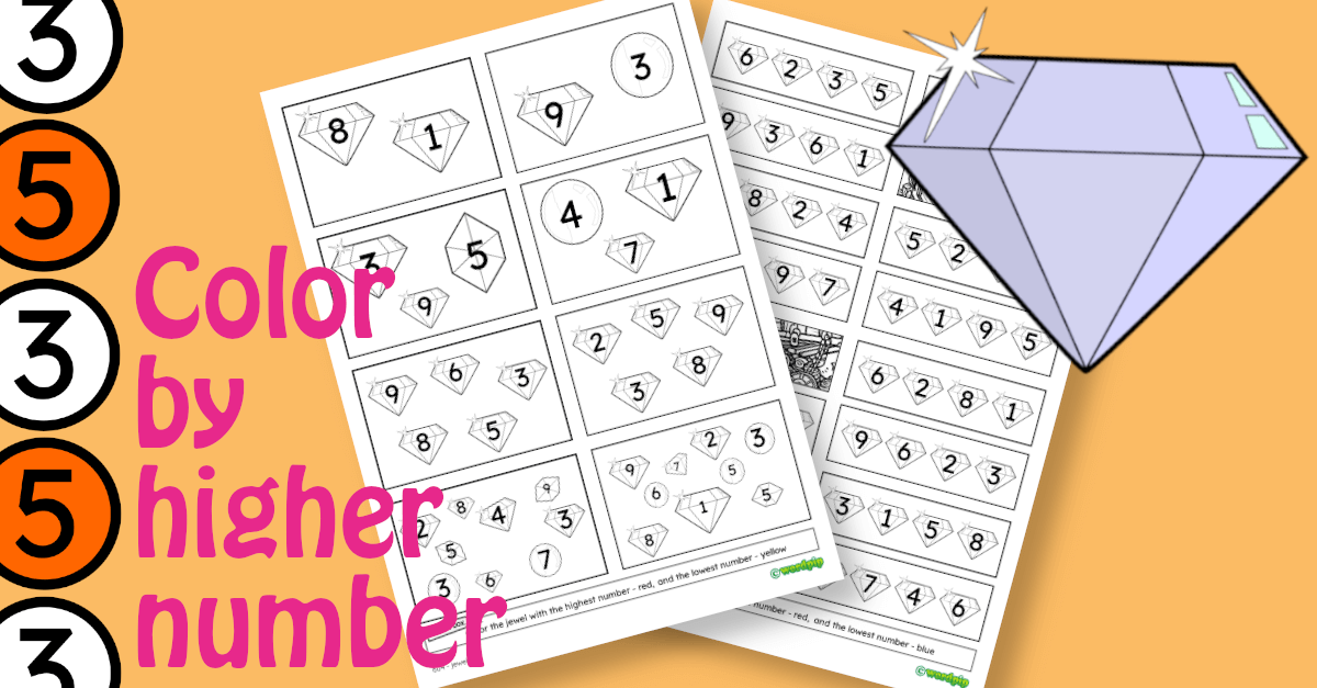 💎✨ Get ready for a colorful challenge!  #FunWithNumbers 🎨 Color the jewel with the highest number in one color and the jewel with the lowest number in another. #ColoringChallenge It's a fun way to practice counting!🖍️💖  #CreativeLearning wordpip.com/worksheets/wor…