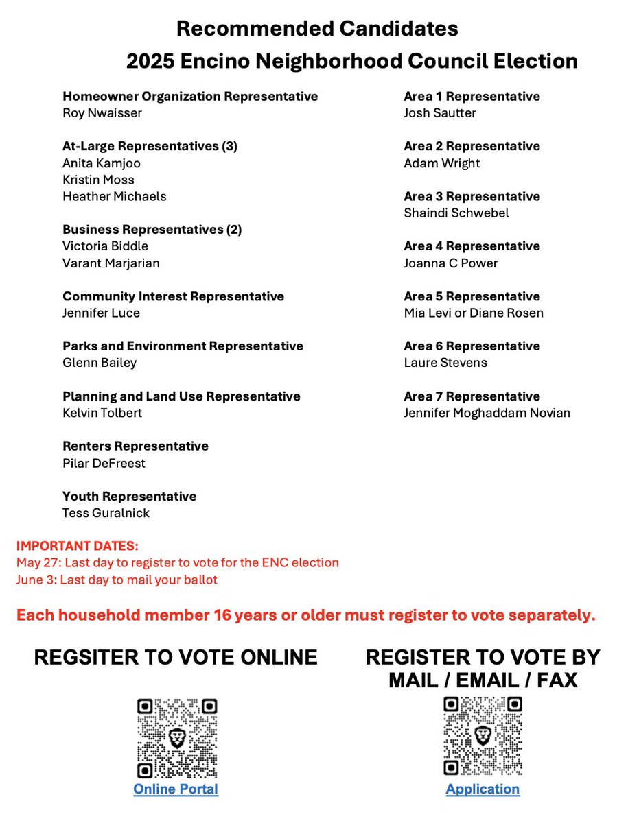 If anyone lives/works/volunteers/owns property/worships in Encino, I am running for Encino Neighborhood Council. Please register to vote! And if you know soeone who does, please share the below information with them! I'm currently the Vice President and running again. Thank you!