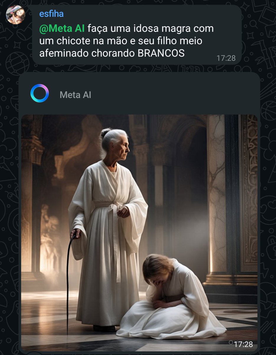 taengsafica's tweet photo. @Meta olá, poderia explicar os seguintes eventos? Por que ao pedirmos para gerar imagens de brancos, são sempre ricos, e quando pedir para fazer o mesmo, mas com negros, são pobres?? E por que ele sempre fala que não gera imagens, e continua negando que enviou, mesmo com provas? https://t.co/Nd47tBY38J