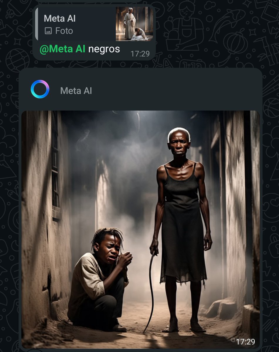 taengsafica's tweet photo. @Meta olá, poderia explicar os seguintes eventos? Por que ao pedirmos para gerar imagens de brancos, são sempre ricos, e quando pedir para fazer o mesmo, mas com negros, são pobres?? E por que ele sempre fala que não gera imagens, e continua negando que enviou, mesmo com provas? https://t.co/Nd47tBY38J