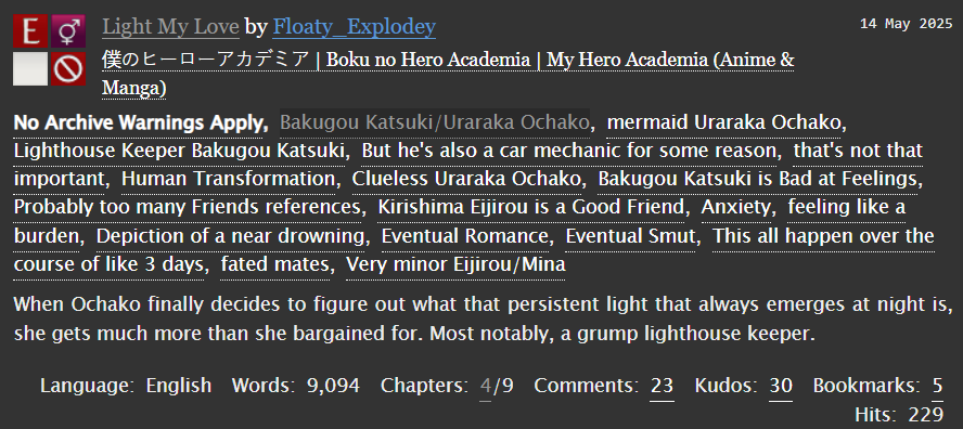 FloatyExplodey's tweet image. Chapter 4 of Light My Love, a #kacchako #mermay fic, is up! I hope y&apos;all are liking it so far 😁

archiveofourown.org/works/65456590…