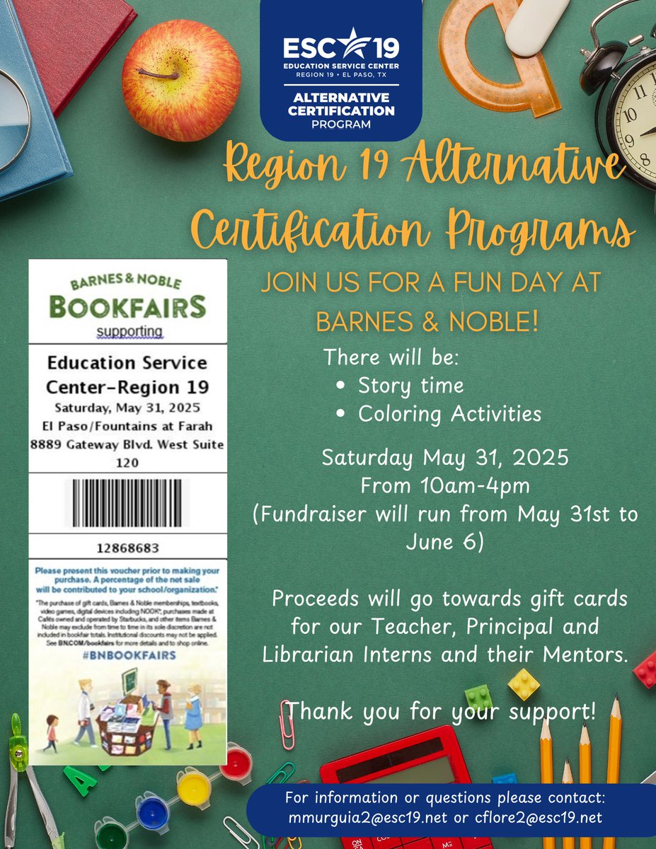 🗣️ Calling all book lovers, educators, families &amp; community partners!
From May 31–June 6, your purchase at Barnes &amp; Noble supports aspiring teachers! 📘✨
✅ Just mention our fundraiser or use our code online! <a href="/ESCRegion19/">ESC-Region 19</a> #WeR19