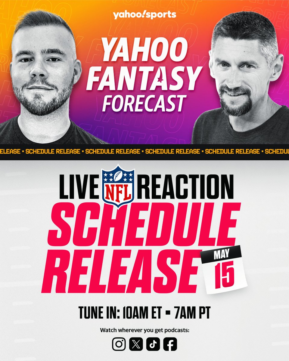 Yahoo Fantasy Sports (@yahoofantasy) on Twitter photo Yahoo Fantasy Forecast is hosting a LIVE show tomorrow at 10am ET on X/Instagram/TikTok/Facebook 🚨
Get ready for <a href="/MattHarmon_BYB/">Matt Harmon</a> and <a href="/andybehrens/">Andy Behrens</a> to look at the new NFL schedule and the biggest fantasy implications from it 👀
YT Link: youtube.com/live/z4jJKZ-ZB… Yahoo Fantasy Forecast is hosting a LIVE show tomorrow at 10am ET on X/Instagram/TikTok/Facebook 🚨
Get ready for <a href="/MattHarmon_BYB/">Matt Harmon</a> and <a href="/andybehrens/">Andy Behrens</a> to look at the new NFL schedule and the biggest fantasy implications from it 👀
YT Link: youtube.com/live/z4jJKZ-ZB…