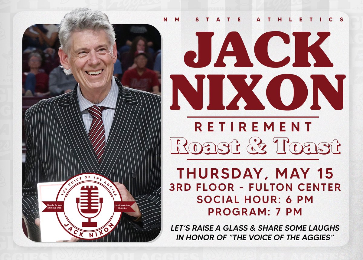 NM State Aggies (@nmstateaggies) on Twitter photo Join us this Thursday at the Fulton Center for
๐ฑ๐๐๐ ๐ต๐๐๐๐'๐ ๐น๐๐๐๐๐๐๐๐๐ ๐ป๐๐๐๐ & ๐น๐๐๐๐ ๐๏ธ
We will raise a glass to Hall of Fame Broadcaster Jack Nixon and thank him for his time as 'The Voice of the Aggies' ๐ฅ
Open to the public | Cash bar
#AggieUp Join us this Thursday at the Fulton Center for
๐ฑ๐๐๐ ๐ต๐๐๐๐'๐ ๐น๐๐๐๐๐๐๐๐๐ ๐ป๐๐๐๐ & ๐น๐๐๐๐ ๐๏ธ
We will raise a glass to Hall of Fame Broadcaster Jack Nixon and thank him for his time as 'The Voice of the Aggies' ๐ฅ
Open to the public | Cash bar
#AggieUp