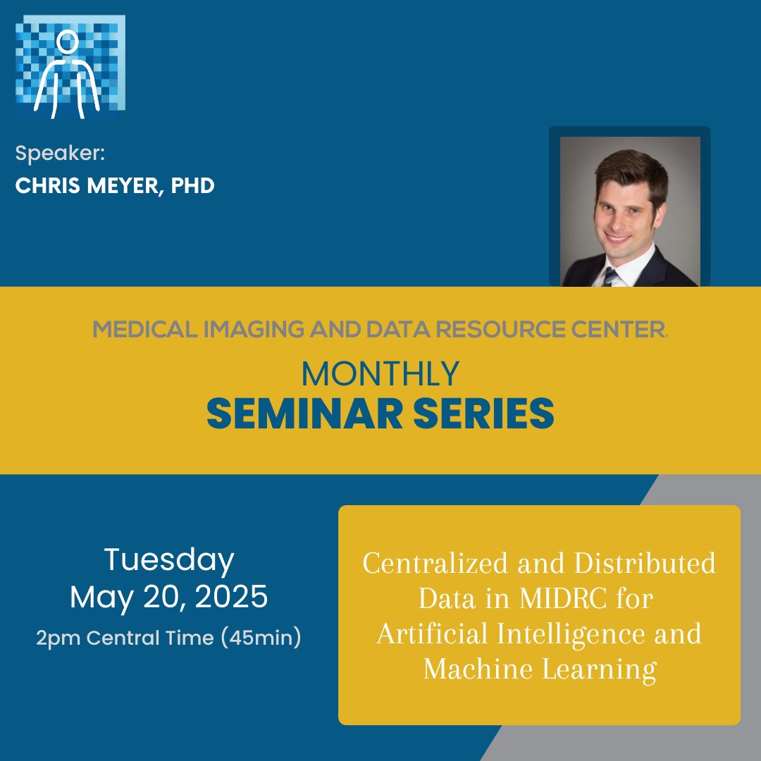 RSNA (@rsna) on Twitter photo The next <a href="/MIDRC_/">The Medical Imaging and Data Resource Center</a> seminar series will be on May 20 at 2 p.m. CT. This month will cover Centralized and Dsitributed Data in MIDRC for Artificial Intelligence and Machine Learning. Register for this webinar today: bit.ly/486gGvW The next <a href="/MIDRC_/">The Medical Imaging and Data Resource Center</a> seminar series will be on May 20 at 2 p.m. CT. This month will cover Centralized and Dsitributed Data in MIDRC for Artificial Intelligence and Machine Learning. Register for this webinar today: bit.ly/486gGvW