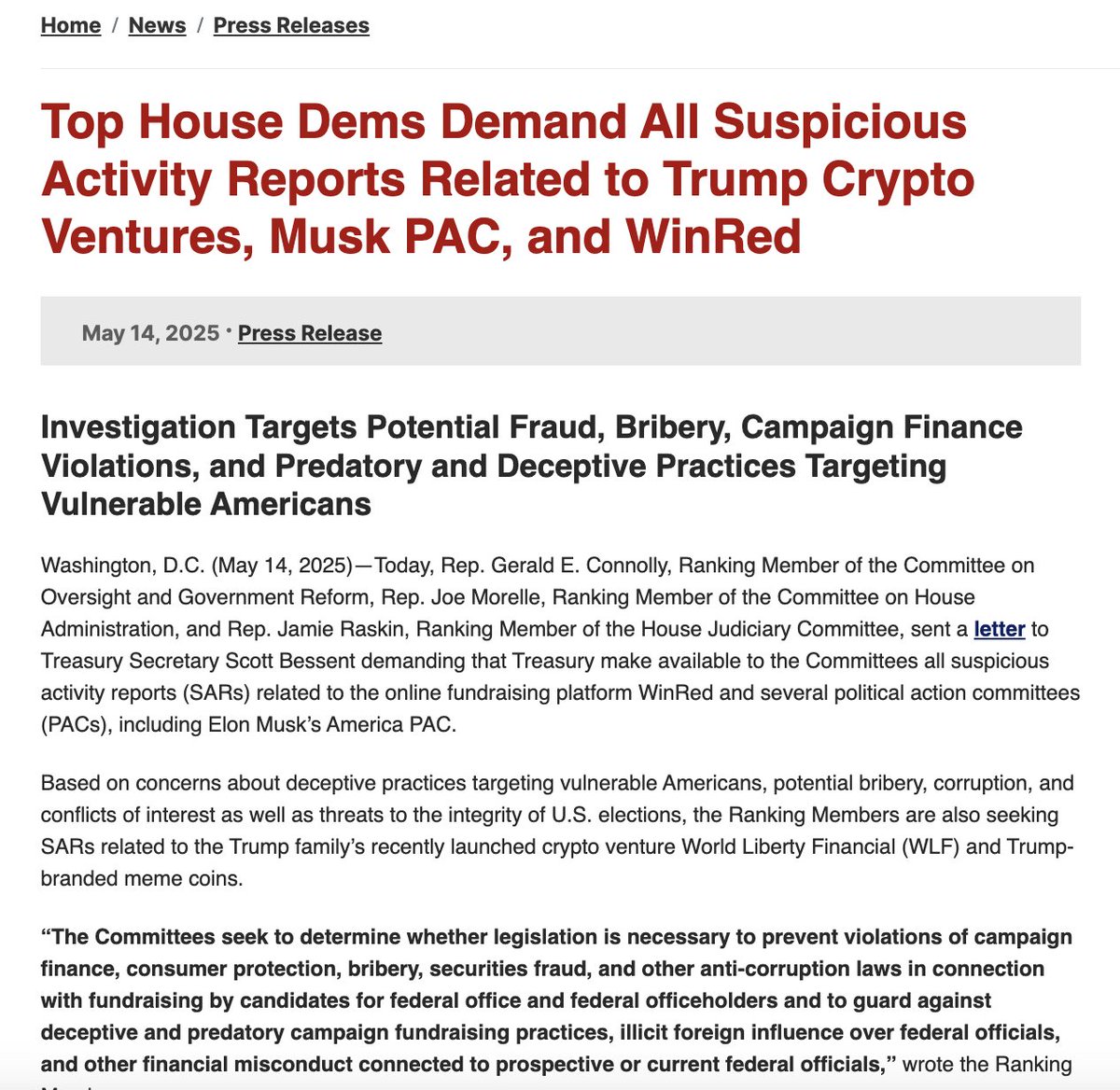JUST IN: House Democrats demand Treasury hand over all 'suspicious activity reports' tied to Trump crypto ventures, including Justin Sun’s $75M investment in World Liberty Financial. Concerns raised over fraud, bribery &amp; conflicts of interest.