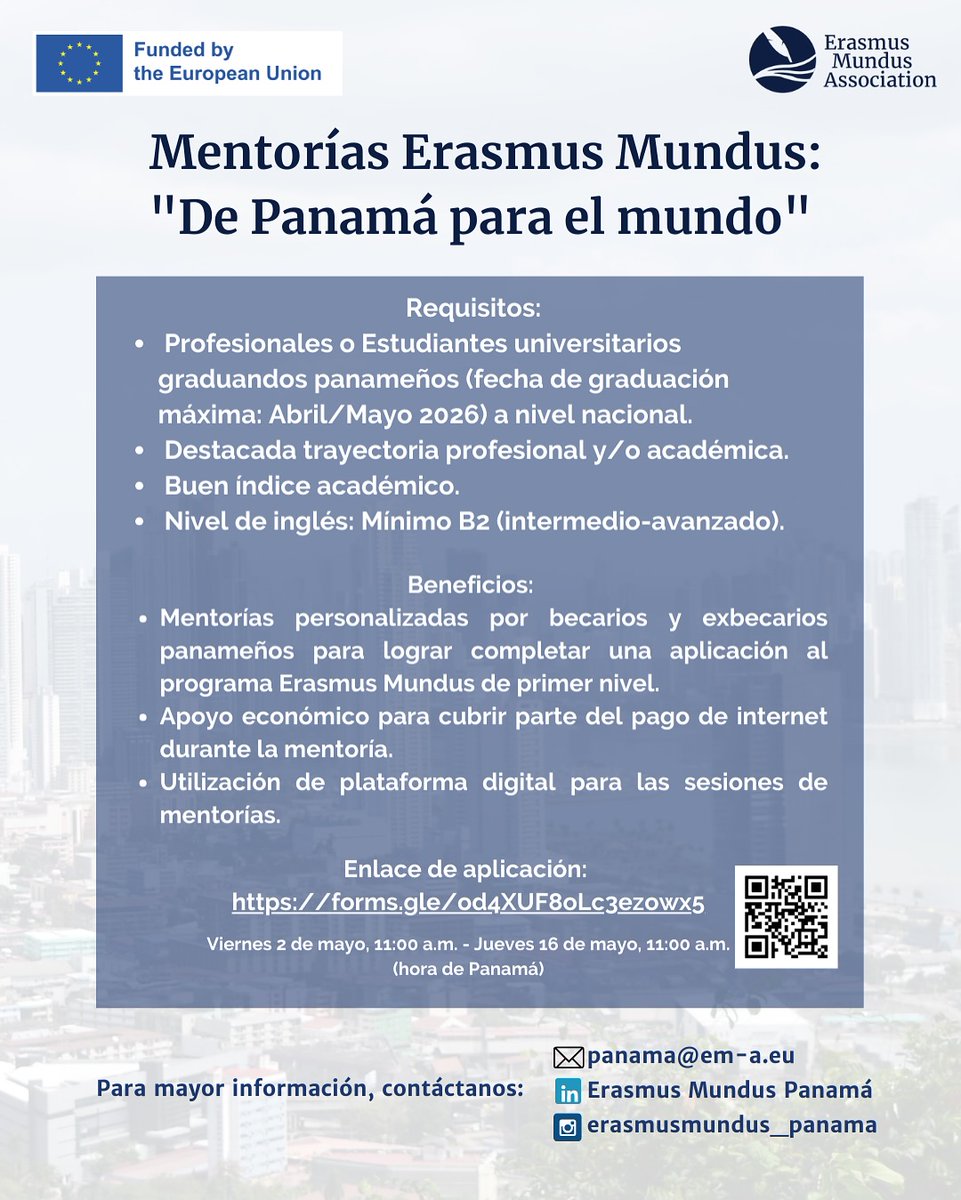 UEenPanama's tweet image. 🎉 ¿Listo/a para llevar tu futuro académico al siguiente nivel con las Mentorías Erasmus Mundus: de Panamá para el mundo? 🌍
📌 Hasta 16 de mayo 11 a.m.
📝 forms.gle/od4XUF8oLc3ezo…
🚀 Profesionales panameños orientarán a futuros becarios de maestrías Erasmus Mundus.
