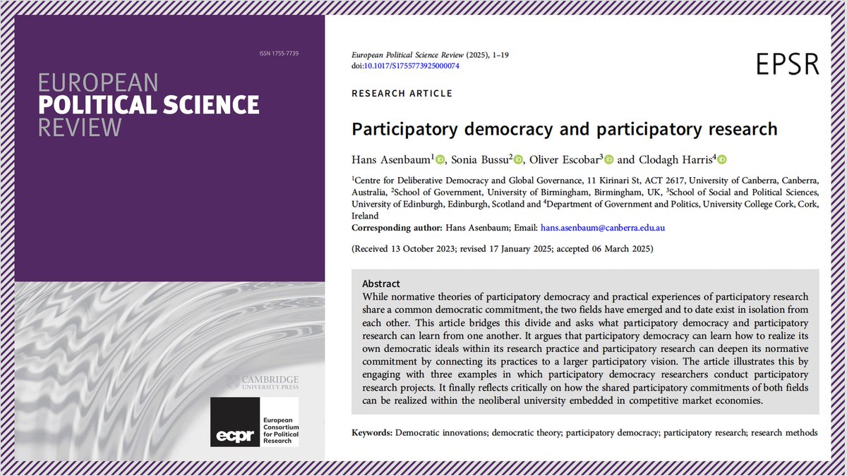 Hans Asenbaum (@hans_asenbaum) on Twitter photo Participatory democracy and participatory research share common principles but are often treated as separate domains. Our new paper brings them together.
I'm immensely grateful to my brilliant co-authors <a href="/Dr_SBussu/">Sonia Bussu also on @Dr_Bussu@mastodon.sdf.org</a>, <a href="/OliverEscobar/">Citizen Participation - oliverescobar@bsky.social</a> and Clodagh Harris.
👉doi.org/10.1017/S17557… Participatory democracy and participatory research share common principles but are often treated as separate domains. Our new paper brings them together.
I'm immensely grateful to my brilliant co-authors <a href="/Dr_SBussu/">Sonia Bussu also on @Dr_Bussu@mastodon.sdf.org</a>, <a href="/OliverEscobar/">Citizen Participation - oliverescobar@bsky.social</a> and Clodagh Harris.
👉doi.org/10.1017/S17557…