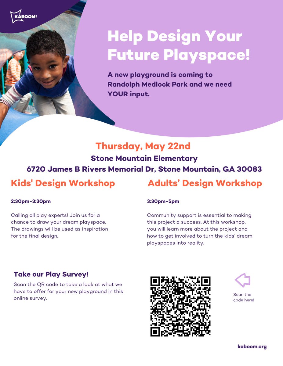 A NEW PLAYSPACE IS COMING TO MEDLOCK PARK!! Complete the Medlock Park Playspace Vision Survey at the link below! bit.ly/3S1XCJF 

<a href="/kaboom/">KABOOM!</a>! Playspace Design Day is more than just a planning session; it is a celebration of community empowerment.