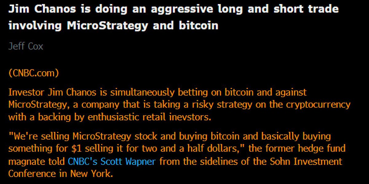 JUST IN: Legendary short seller Jim Chanos says he is now shorting MicroStrategy while going long on Bitcoin.

He calls MicroStrategy's crypto strategy risky and says he's "selling something for $1, buying it for $2.50."