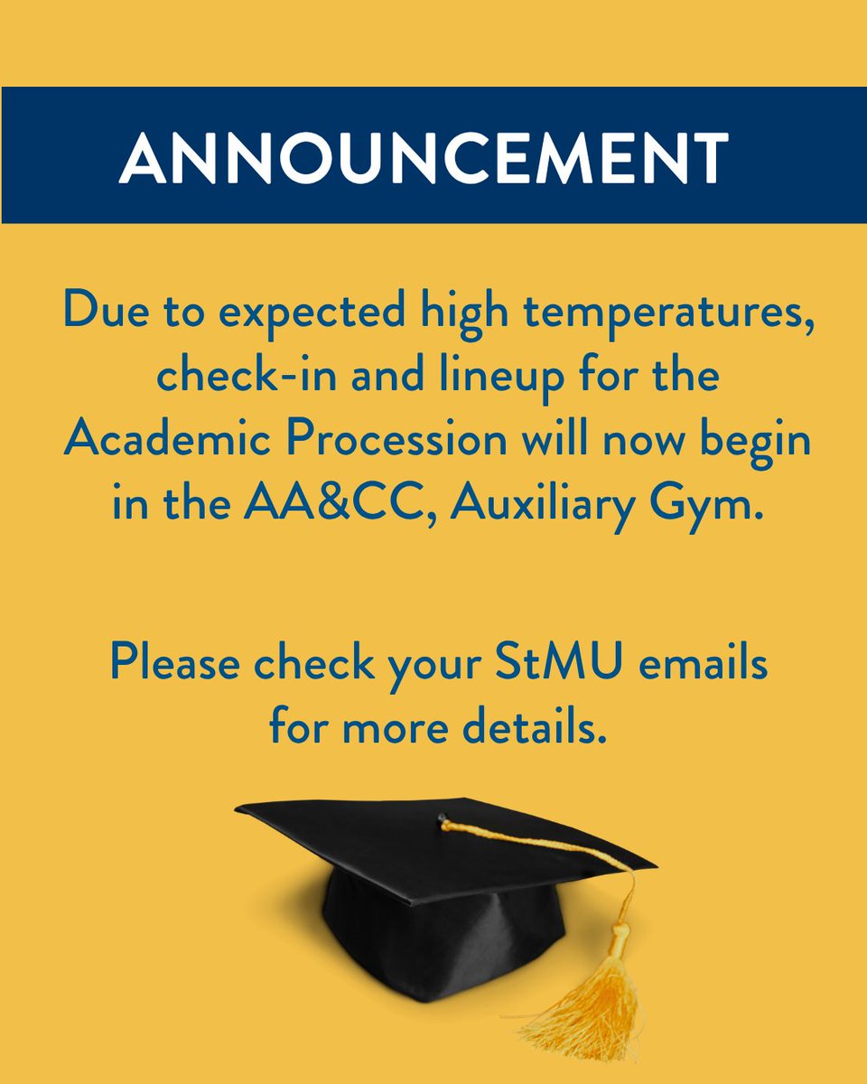 St. Mary's University (@stmarysu) on Twitter photo Due to expected high temperatures, check-in and lineup for the Academic Procession will now begin in the Alumni Athletics & Convocation Center, Auxiliary Gym. Please check your StMU emails or click here stmarytx.edu/about/signatur… for more details. Due to expected high temperatures, check-in and lineup for the Academic Procession will now begin in the Alumni Athletics & Convocation Center, Auxiliary Gym. Please check your StMU emails or click here stmarytx.edu/about/signatur… for more details.