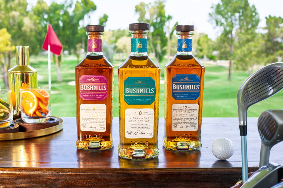 Now this is the kind of trio we like to see on the course. Bushmills 10 Year, 12 Year, and 16 Year.