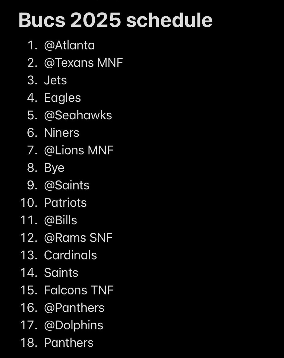 Looks like this will be the 2025 Bucs Schedule per reports…