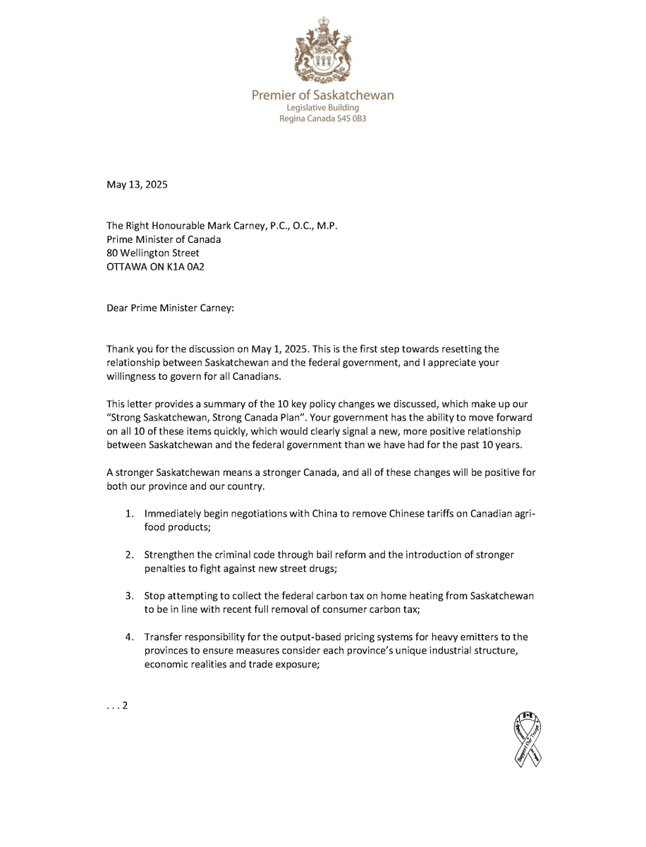 PremierScottMoe's tweet photo. I have written to PM @MarkJCarney outlining our “Strong Saskatchewan, Strong Canada Plan”  - 10 key policy changes the federal government must make to reset Ottawa’s relationship with Saskatchewan.

The PM has the ability to move forward on all 10 of these items quickly, which would clearly signal a new, more positive relationship between Saskatchewan and the federal government than we have had for the past 10 years.

A stronger Saskatchewan means a stronger Canada, and all of these changes will be positive for both our province and our country.