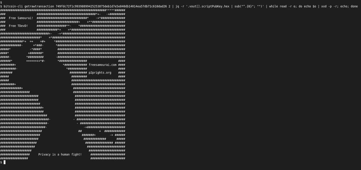 ottosch_'s tweet image. It doesn&apos;t cost 5x more to circumvent filters, podcasters.

#FreeSamourai

bitcoin-cli getrawtransaction 749fdc72f1c99398899425253875deb1d7e5e040db14014ea57db71c610dad26 2 | jq -r &apos;.vout[].scriptPubKey.hex | sub(&quot;^.{6}&quot;; &quot;&quot;)&apos; | while read -r o; do echo $o | xxd -p -r; echo; done